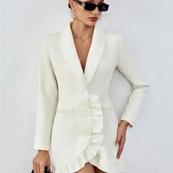 Off white v neck ruffle hem button front mini blazer dress - Picture 6 of 6